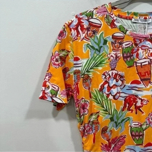 ZARA Orange Tropical Print Side Cutout Mini Dress Large 0085/815 - Picture 4 of 8